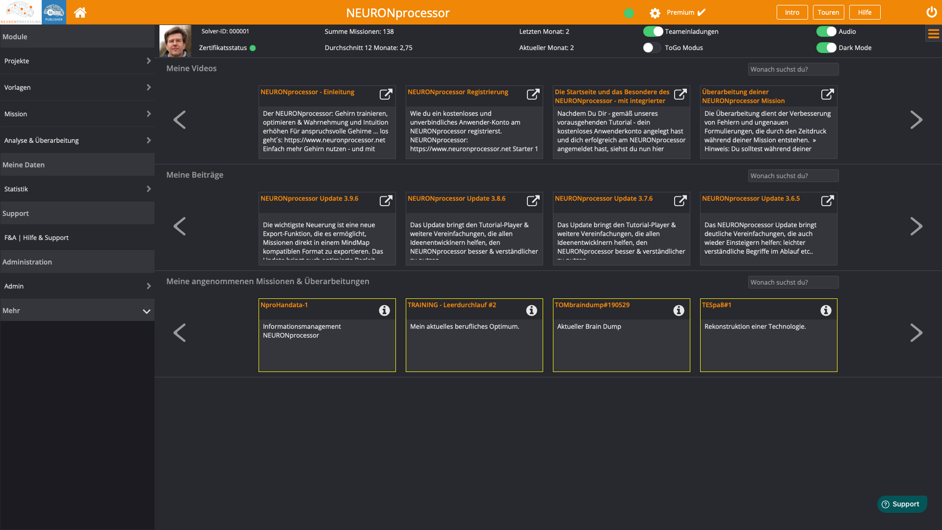 Das Dashboard des NEURONprocessor